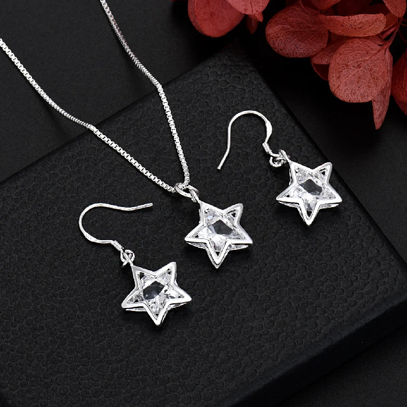 

High-quality 925 Sterling Silver luxury Shiny Crystal Star earring Necklace for Women Fashion Y2k Party Wedding Jewelry set Gift