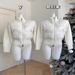 Winter Women Old Money Vintage Knit Patchwork Stand Collar Puffer Coat Cropped Padded Jacket Simple Outwear Thick Tide Stylish