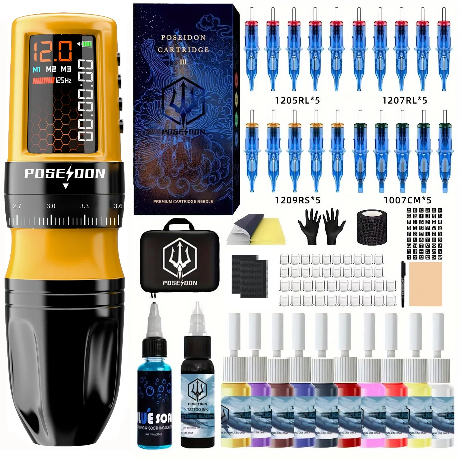 POSEIDON Tattoo Kit Yellow Tattoo Pen Kit For Permanent Makeup Tattoo Machine Kit Adjustable Tattoo Power Supply Tattoo Gun Kit