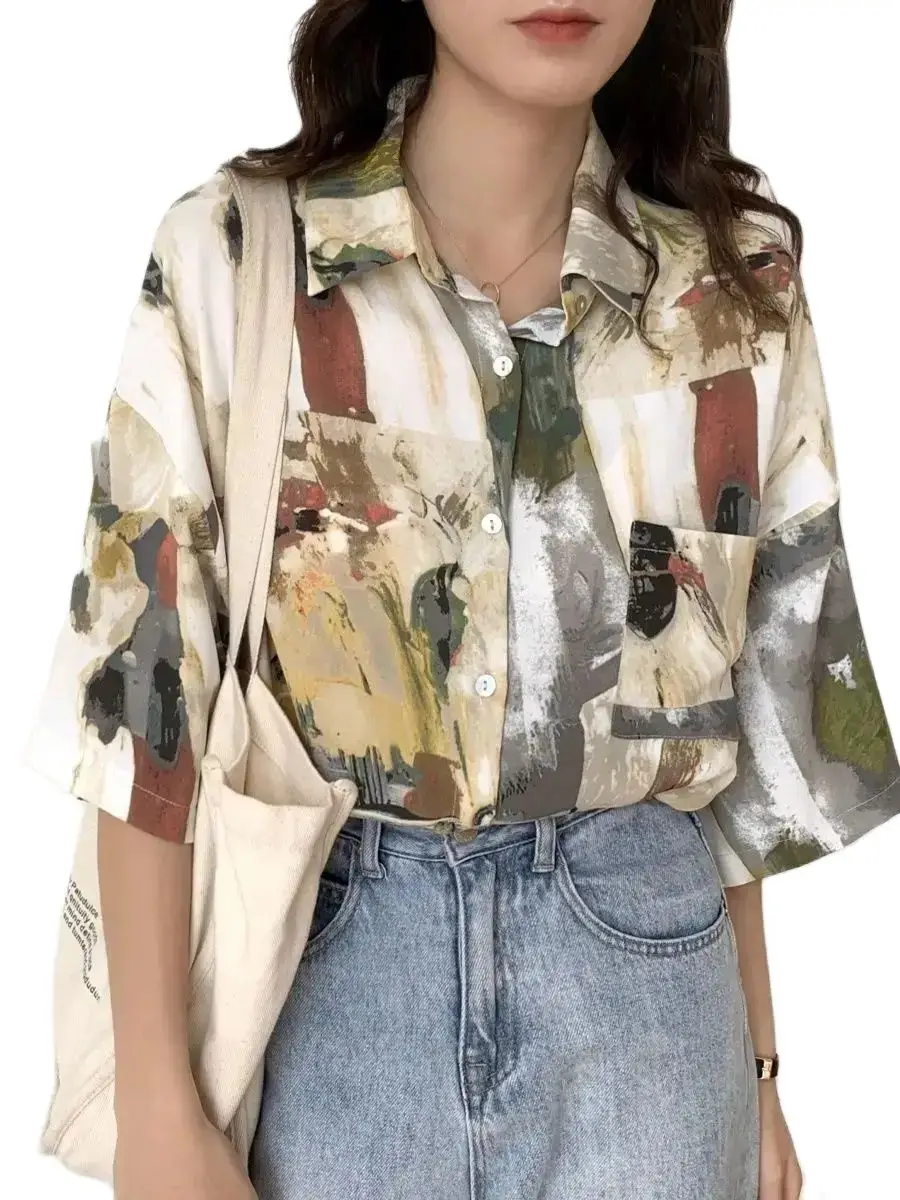 Blusa vintage de manga curta com impressão de pintura a óleo para as mulheres, top bonito, chique, streetwear coreano, roupas primavera