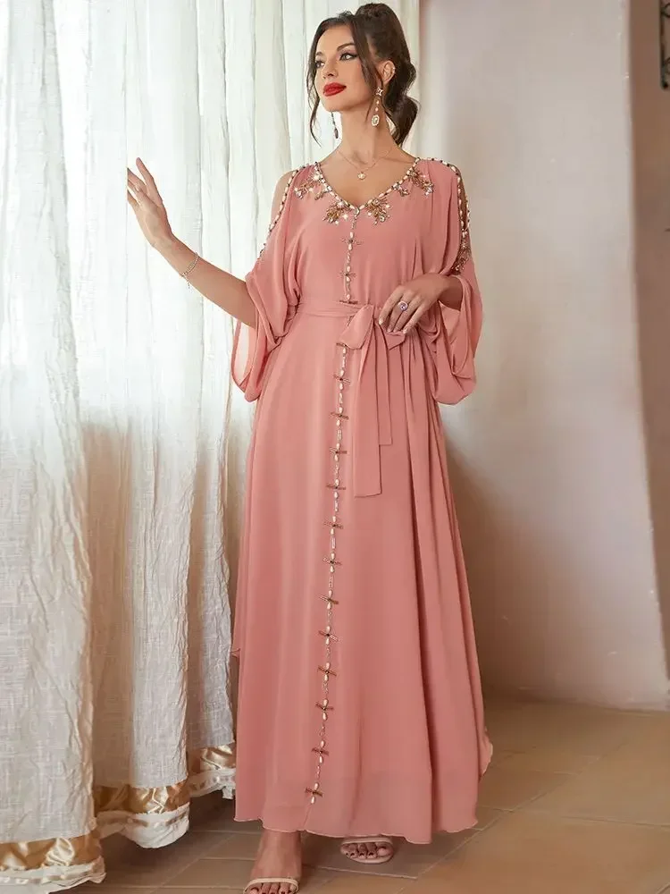 Ramadan Eid Party Dress Morocco Kaftan Off Shoulder Pink Diamond Beads Dubai Abaya Long Dress Abayas for Women Robe Musulmane