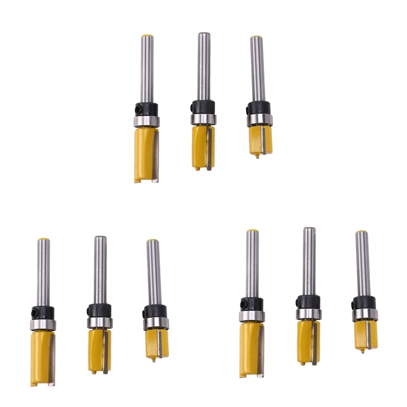 9Pcs 1/4 Inch Flush Trim Router Bit Pattern Bit Top & Bottom Bearing 1/2 Inch Blade Template Edge Wood Trimmer Cutter