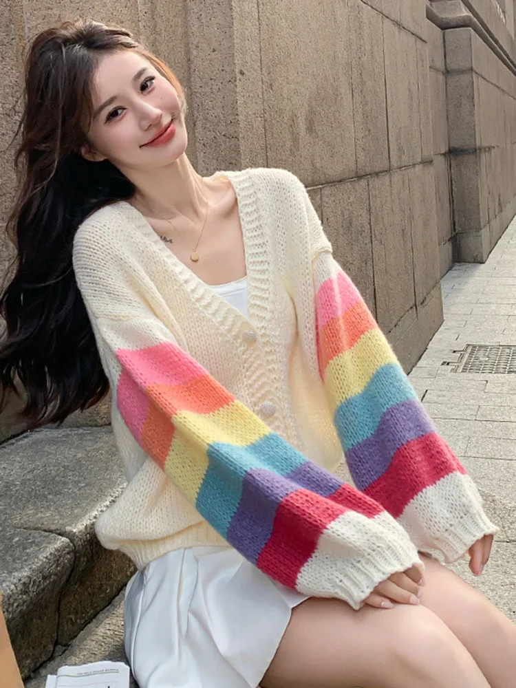 Fashion Rainbow Sweet Cardigan Sweaters Women Casual Lazy Wind Korean Knitted Coat Chic V Neck Loose Long Sleeve Tops Outwear