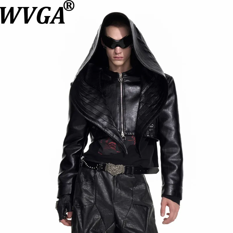 

WVGA Autumn Winter New Man Tide Batwing Cap Design PU Leather Short Jackets Patchwork Trendy Niche Chic Casual Coats Ins W12225