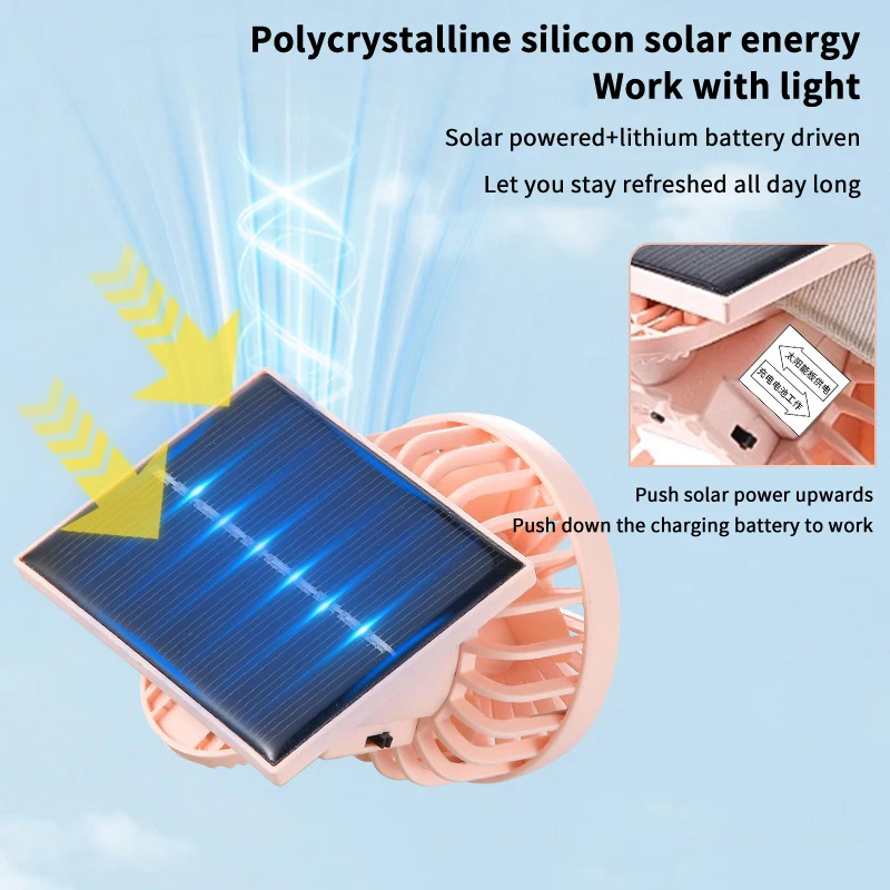 مروحة يدوية صغيرة محمولة بمشبك USB قابلة لإعادة الشحن تعمل بالطاقة الشمسية للسفر والتنزه في الهواء الطلق ومشبك للتخييم على مروحة صغيرة لتبريد الهواء