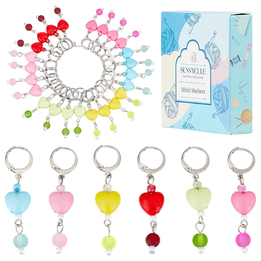 

30Pcs 6 Colors Heart Glass Locking Stitch Markers with 304 Stainless Steel Leverback Earring Findings Mixed Color 4.5cm