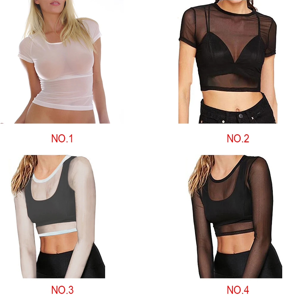 Sexy Black Women Short Sleeve Sheer Mesh Top T Shirts Streetwear Tees Slim See-through Transparent Crop Tops Club wear Fashion