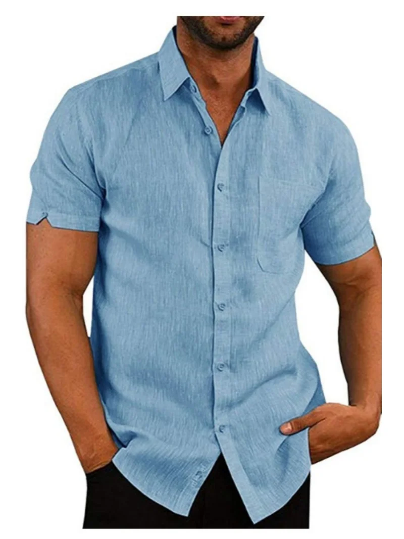 Men's Short Sleeve Button Down Linen Blend Shirt with Chest Pocket Casual Summer Top