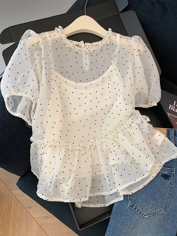 

Женская блузка во французском стиле с кружевом, короткими рукавами-фонариками, шифоновая, с высокой талией, оборками по низу, в горошек, повседневный топ