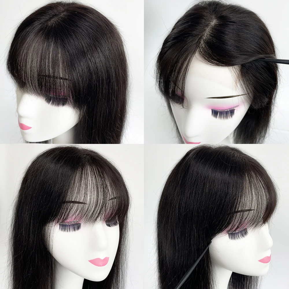 4X4 Inch HD Lace Base Wispy Bangs Topper Natural Black Hair Hairpieces with Clips Virgin Straight Human Hair Wefted Topper