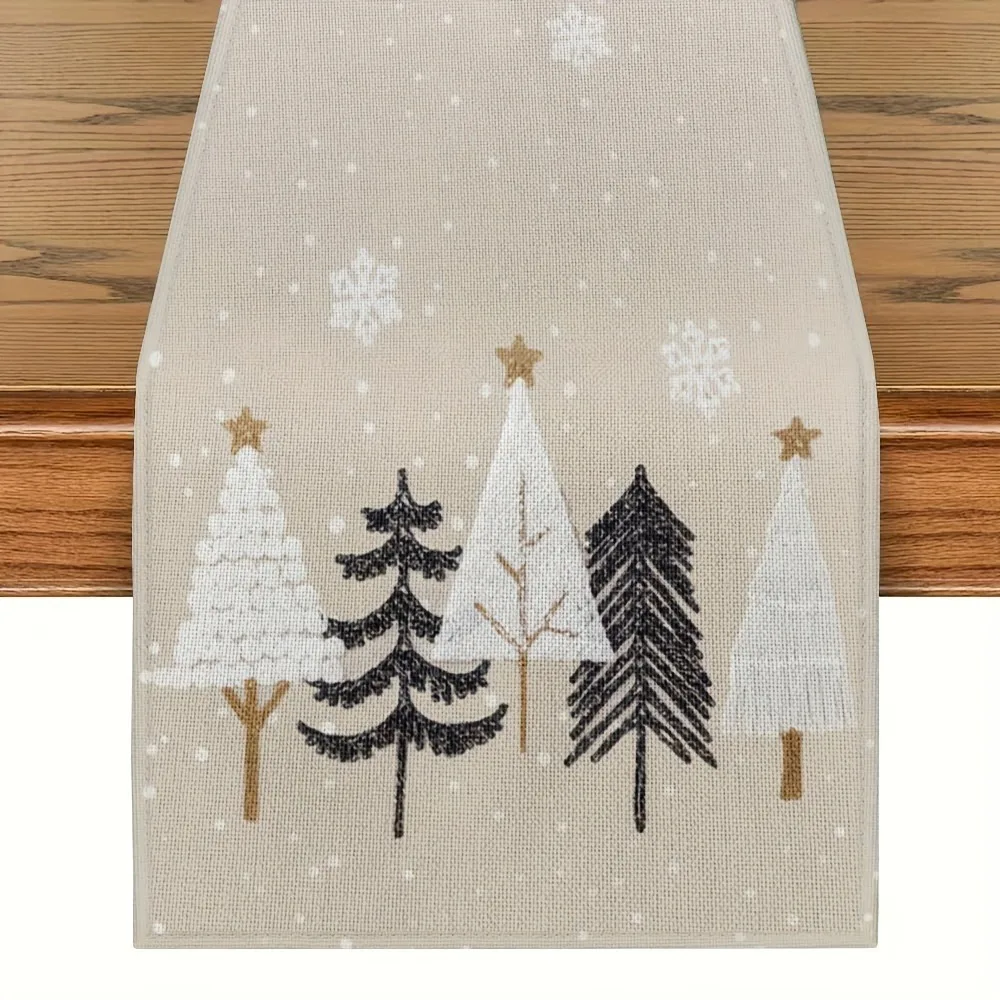 

Christmas Table Runner - Beige and Brown Winter Scene with Pine Trees, Snowflakes and Stars Festive Christmas Table Decorations