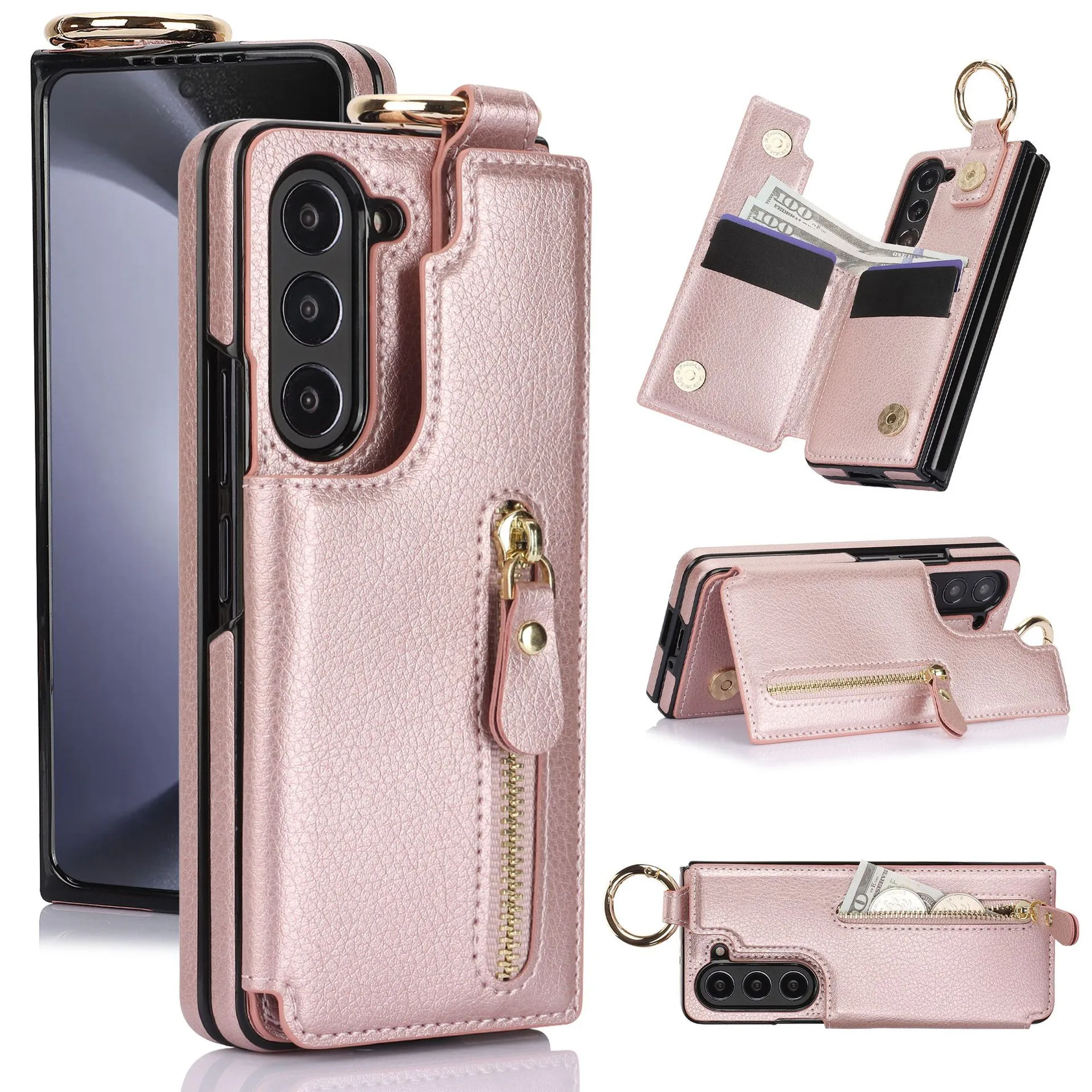 Leather Zipper Wallet Case For Samsung Galaxy Z Fold 8 7 6 5 4 Ultra Meatal Ring Flip Kickstand Shockproof Protective Cover