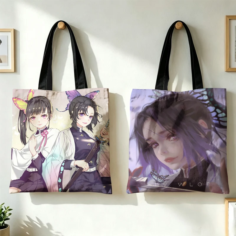 Demon Slayer Kamado Nezuko Women Handbag Tsuyuri Kanawo Kochou Shinobu Canvas Totes Female Multi-Purpose Shoulder Shopping Bags