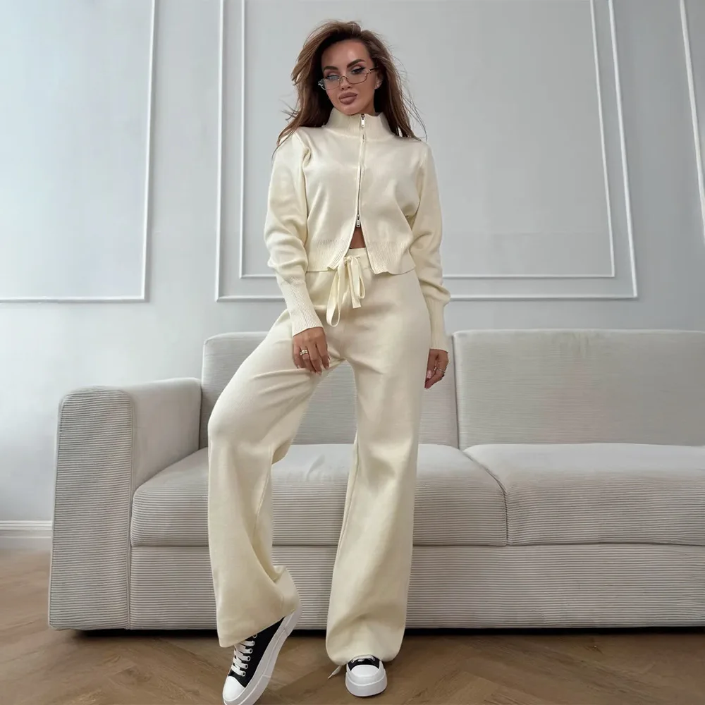 Outono e inverno feminino zíper cardigan calças de malha terno elegante sólido solto macio casa diária escritório casual conjunto camisola quente