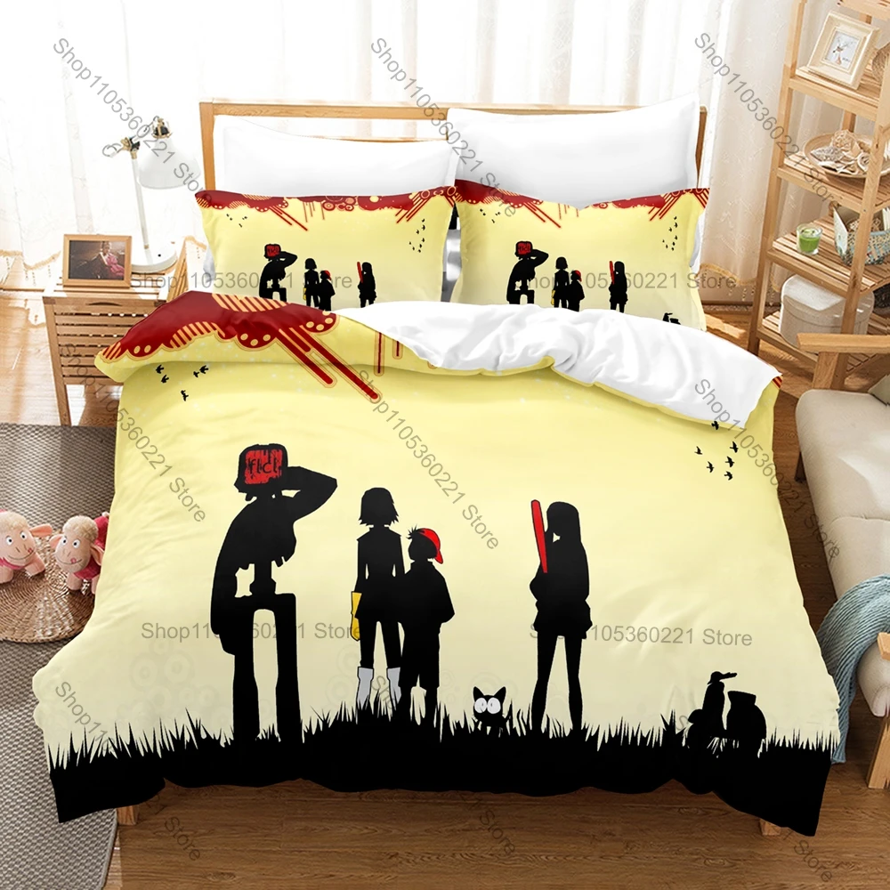 FLCL Alternative Four Teen Girls Psychedelic Urban HD Print Bedding Set Duvet Cover + 2 Pillowcases Polyester Retro Anime Room