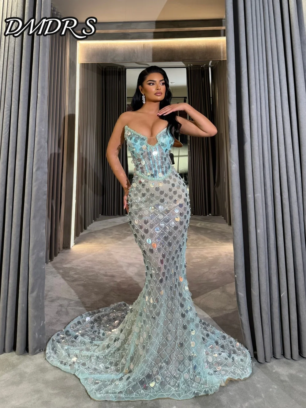 

Shiny Big Sequin Evening Dress Sexy Spaghetti Strap Beaded Party Gown Elegant Mermaid Floor Length Party Dresses فساتين سهرة