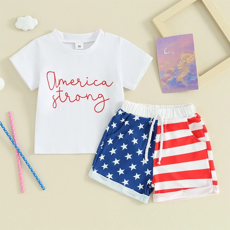 Lioraitiin Toddler Baby Boy Independence Day Clothes Set Short Sleeve Letter Print Tops + Elastic Waist Striped Shorts Outfits