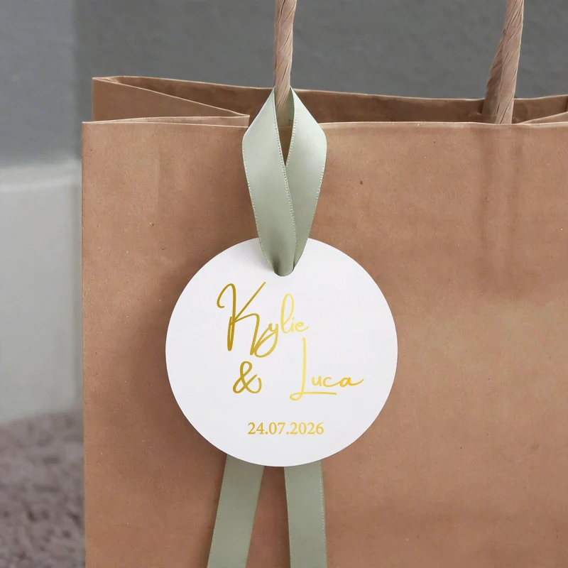 50pcs Round Custom Wedding Labels, Gold Foil Name Tags Wedding, Personalized Wedding Tag