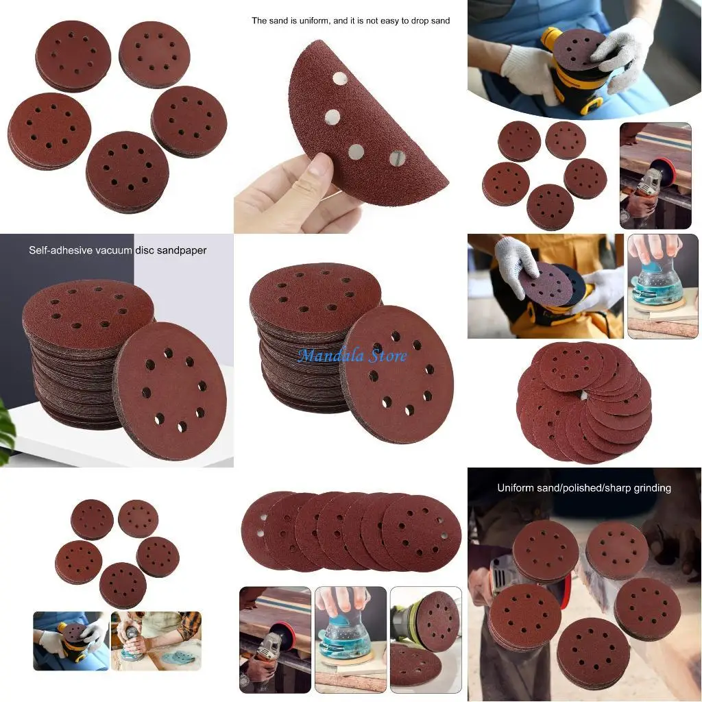 

U2JC 100Pcs 5inch 8 Hole Sandpaper Adhesive Sandpaper Including 40# 60# 80# 120# 180# Grit for Random Orbital Sander