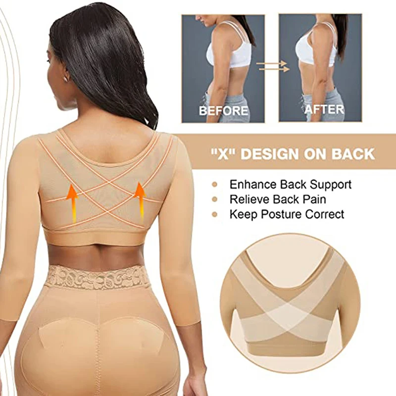 Arm Shaper for Women Post Surgery Push Up Bra Compression Long Sleeves Corset Corrector Front Closure Slim Seamless Shapewear