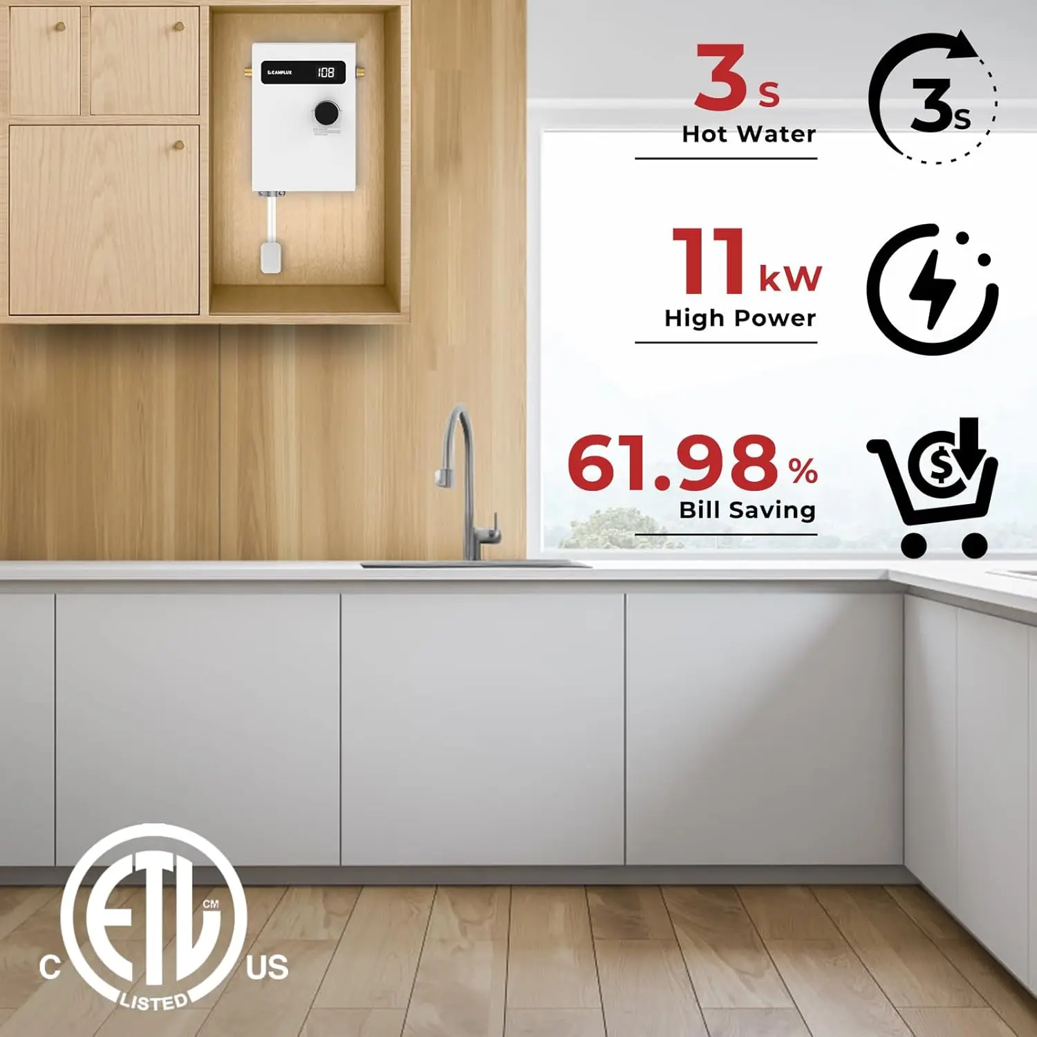 Tankless Water Heater Electric 11kW 240 Volt, Point-of-Use Digital Display, Electric Instant Hot Water Heater with Self-modulati