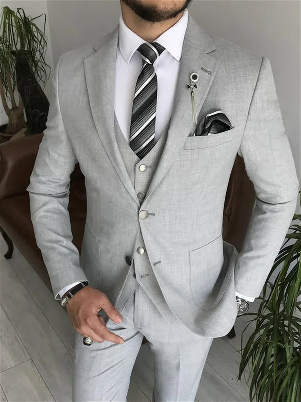 3 Piece Light Gray Notch Lapel Single Breasted Suits for Men Chic Formal Casual Business Wedding Tuxedo (Blazer+Vest+Pants)