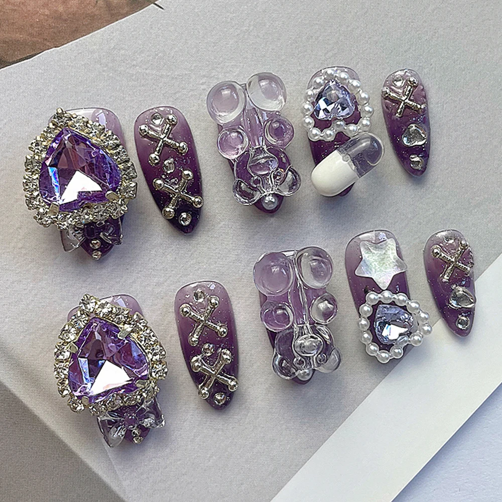 Y2K Spicy Girl Purple Almonds Handmade Press On Nails Kawaii Gradients Diy Pearl Bear Full Cover Nail Art Zircon Ring Nails Suit