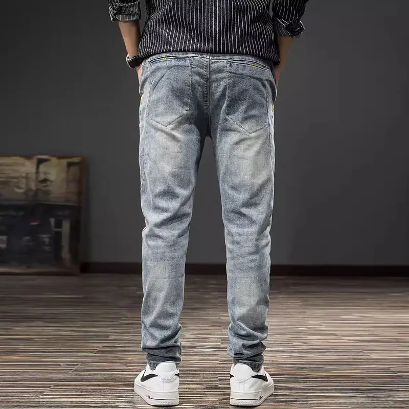 Fashion Designer Men Jeans Retro Blue Elastic Slim Fit Spliced Vintage Jeans Men Korean Style Casual Denim Pencil Pants Hombre