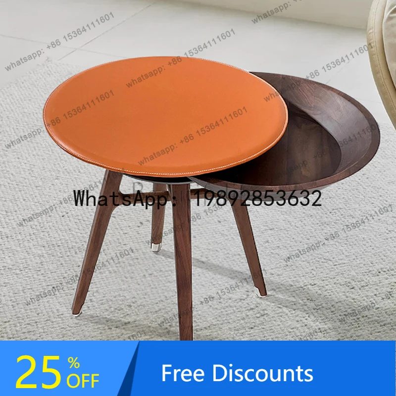 

light luxury solid wood edge few saddle leather living room multi-functional sofa small side table