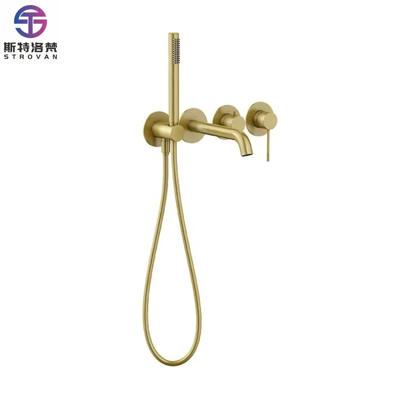 

Wall-mounted Single Hole Gold Brass Hand Shower Bathtub Faucets With Spout