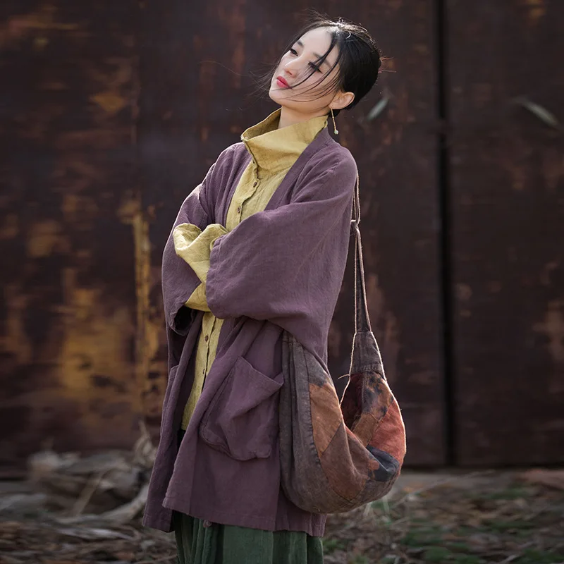 

Autumn Winter Ramie Cotton Dyed Original Robe Coat, Loose Mid-Length Cardigan in Boho Wanderer Style.