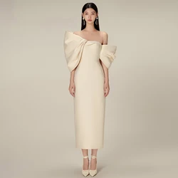 Elegant Cocktial Gowns for Women 2023 Off the Shoulder Tea Length Cocktail Dresses Midi Champagne Sheath Simple Party Dress