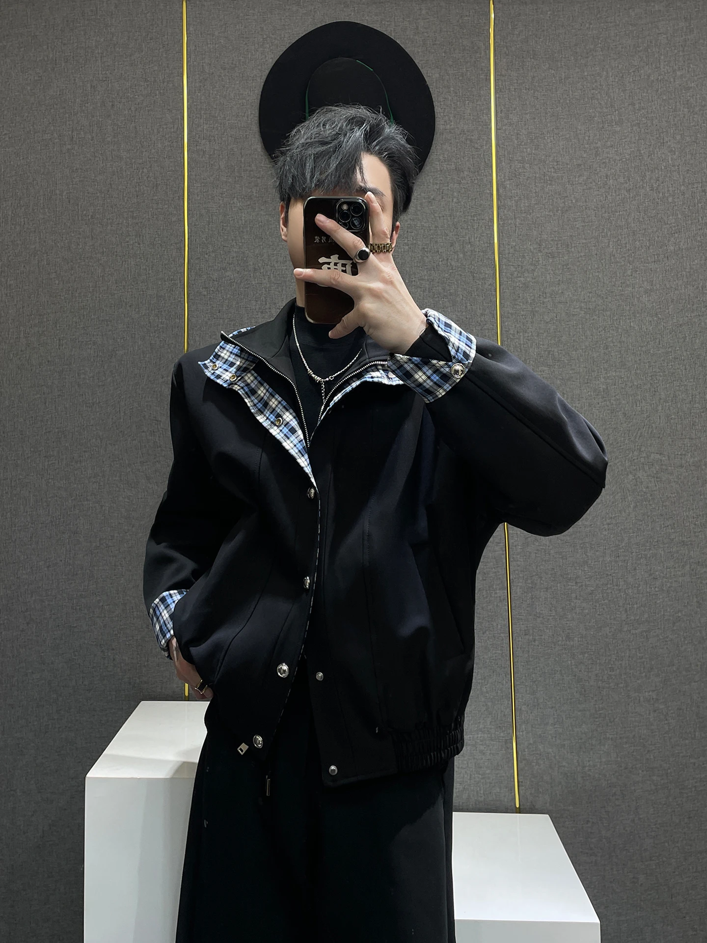 

Thiened Plaid Patchwork Collar Men's Jaet Casual Sle Cotton Filled ort Coat for Autumn And Winter Warmth And Sle