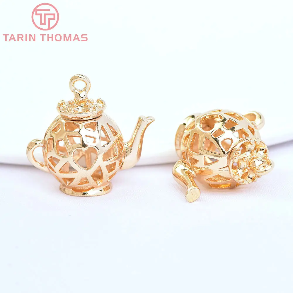 (1828) 6PCS 17x18MM 24K Gold Color Plated Brass 3D Teapot Charms Pendants High Quality Diy Jewelry Accessories