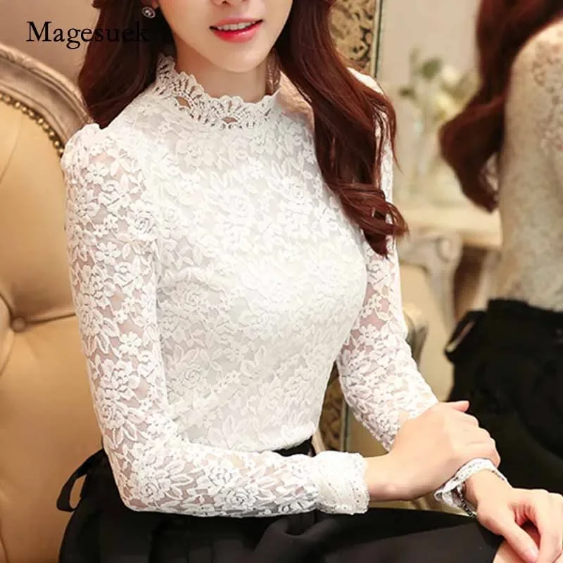 2024 Fashion Spring Elegant Lace Hollow Out Top Stand-up Collar White Woman Blouse Sweet Long Sleeve Shirts 1695