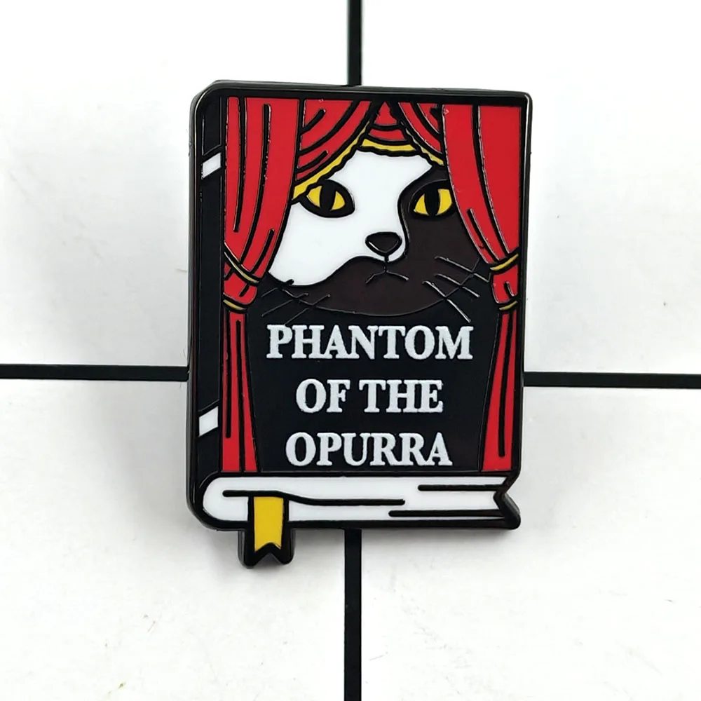 Phantom of The Opurra Cat Brooch Cat Lovers Musical Theater Periphery Badges Red Screen Book Shaped Enamel Pin Fans Decoration