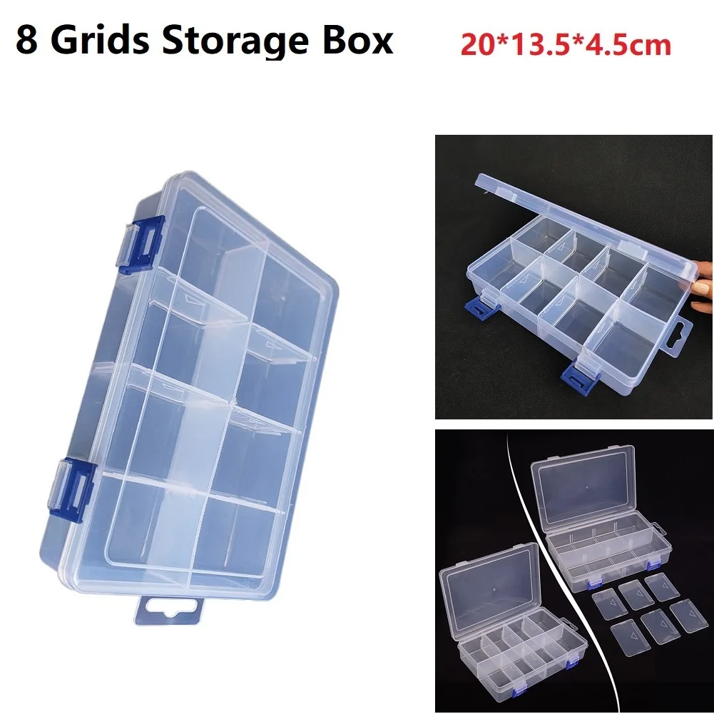 Caja de almacenamiento de plástico transparente, organizador de 8 rejillas ajustable, contenedor de tornillos, caja de pendientes de joyería,