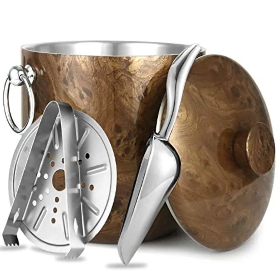 Ice Bucket with Lid, Scoop, Tongs and Strainer - Well Made Insulated Keep Ice Longer - Ideal for Cocktail Bar, Parties, Chillin