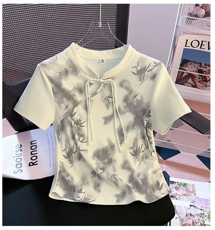 2024 New Summer New Chinese Style Tie-dyed Short-sleeved T-shirt Women's Design Sense Joker Slim Slim Short Top