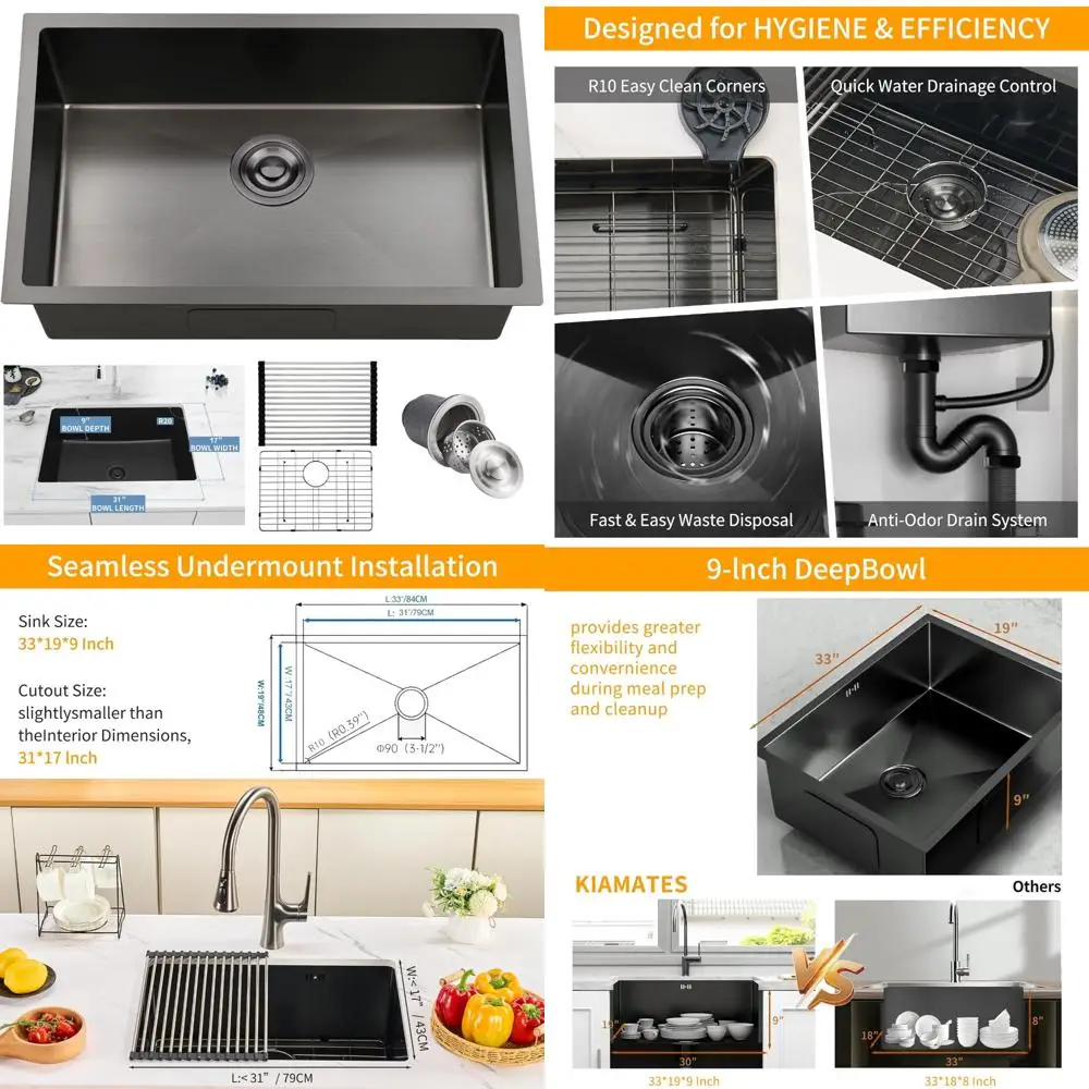 

Stainless Steel 33 Inch Single Bowl Kitchen Sink, 19 x 9 Inch Undermount, Black-Grey Finish with Nano Technology for Durability