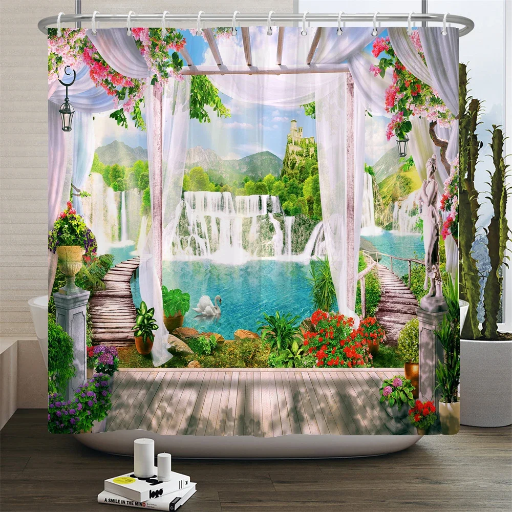 Garden Flowers Scenery Shower Curtains Bath Curtain Waterproof Bathroom Home Decor Washable Fabric Bathroom Screens