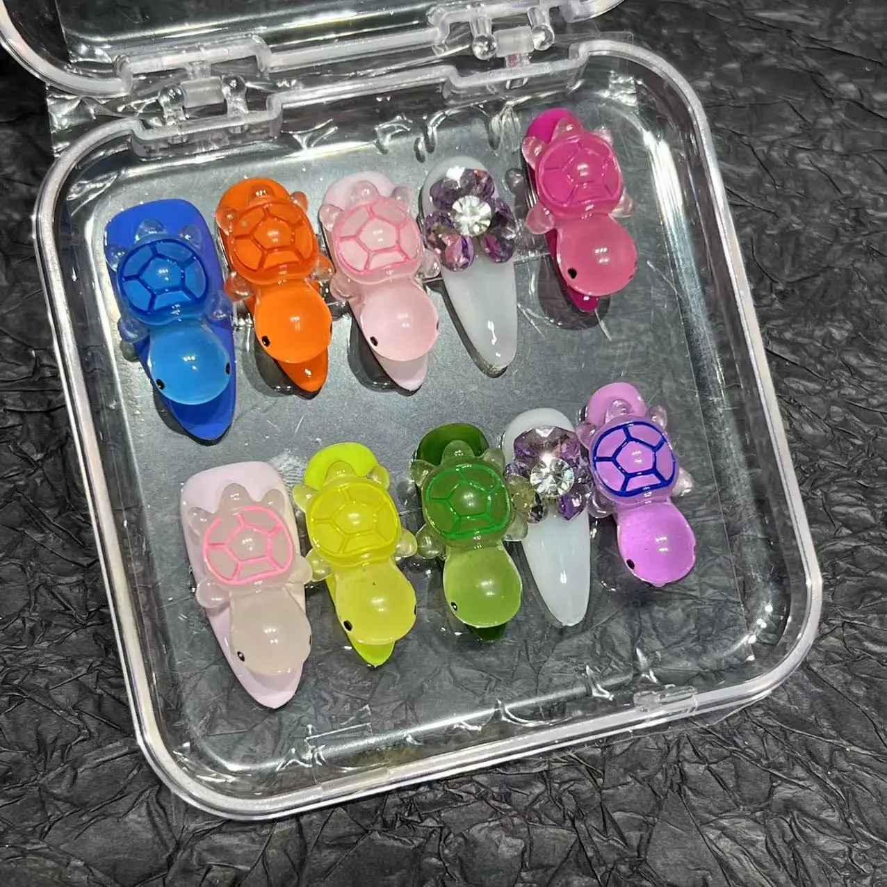 10 stücke handgemachte Presse auf Nägeln bunte 3d Schildkröte Blume entwirft gefälschte Nagel flecken abnehmbare Mandel Fale Nagel Mode Maniküre