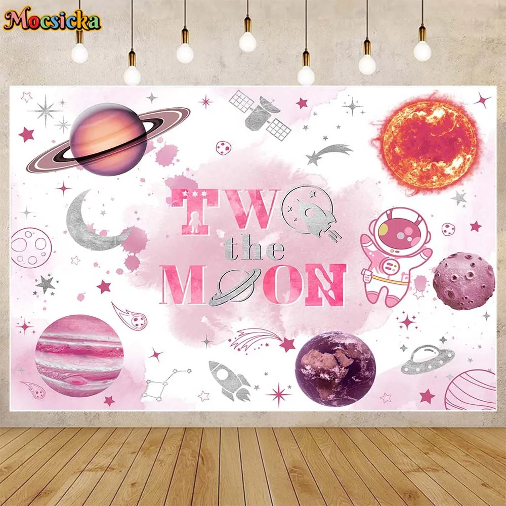 

Mocsicka Girl 2nd Birthday Backdrop Space Pink Planet Child Astronaut Birthday Party Decor Two the Moon Background Custom Banner