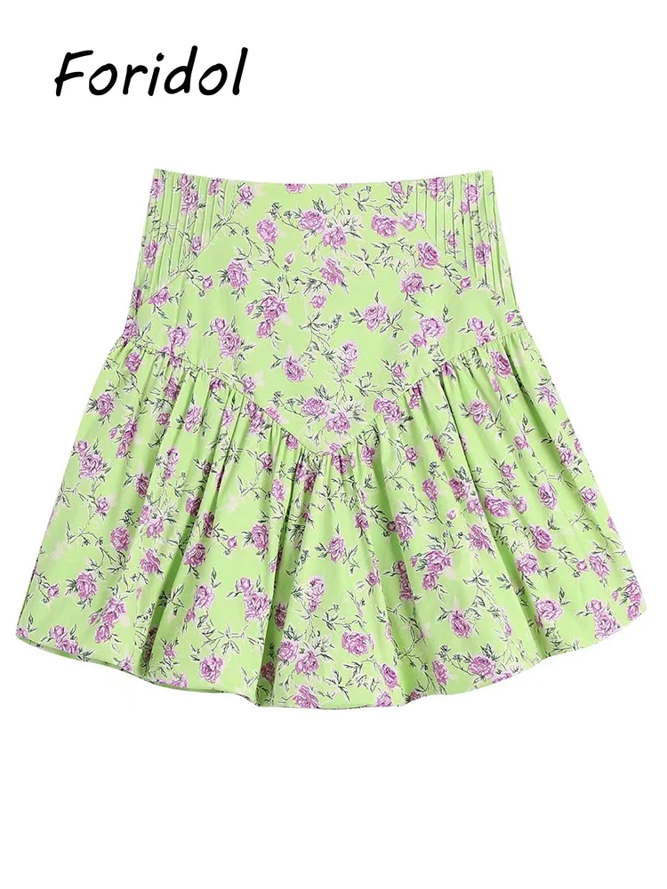 Green Floral Print Pleated Dress Sets Women Fashion Summer Chic Female Faldas Cortas A Line High Waist Sexy Dresses Femme 2022