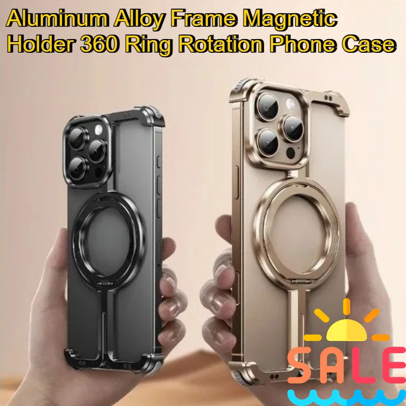 

For Iphone 16 Pro Max 16pro Simple Design Slim Bumper Cover Aluminum Alloy Frame Magnetic Holder 360 Ring Rotation Phone Case