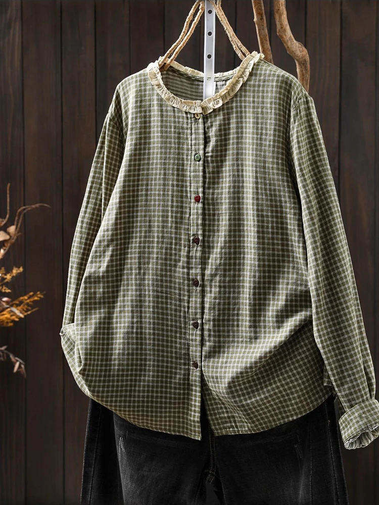 

Женская повседневная клетчатая рубашка, Новое поступление, осень 2022, винтажный стиль, 100% хлопок, женские базовые топы с длинными рукавами, рубашки M2040