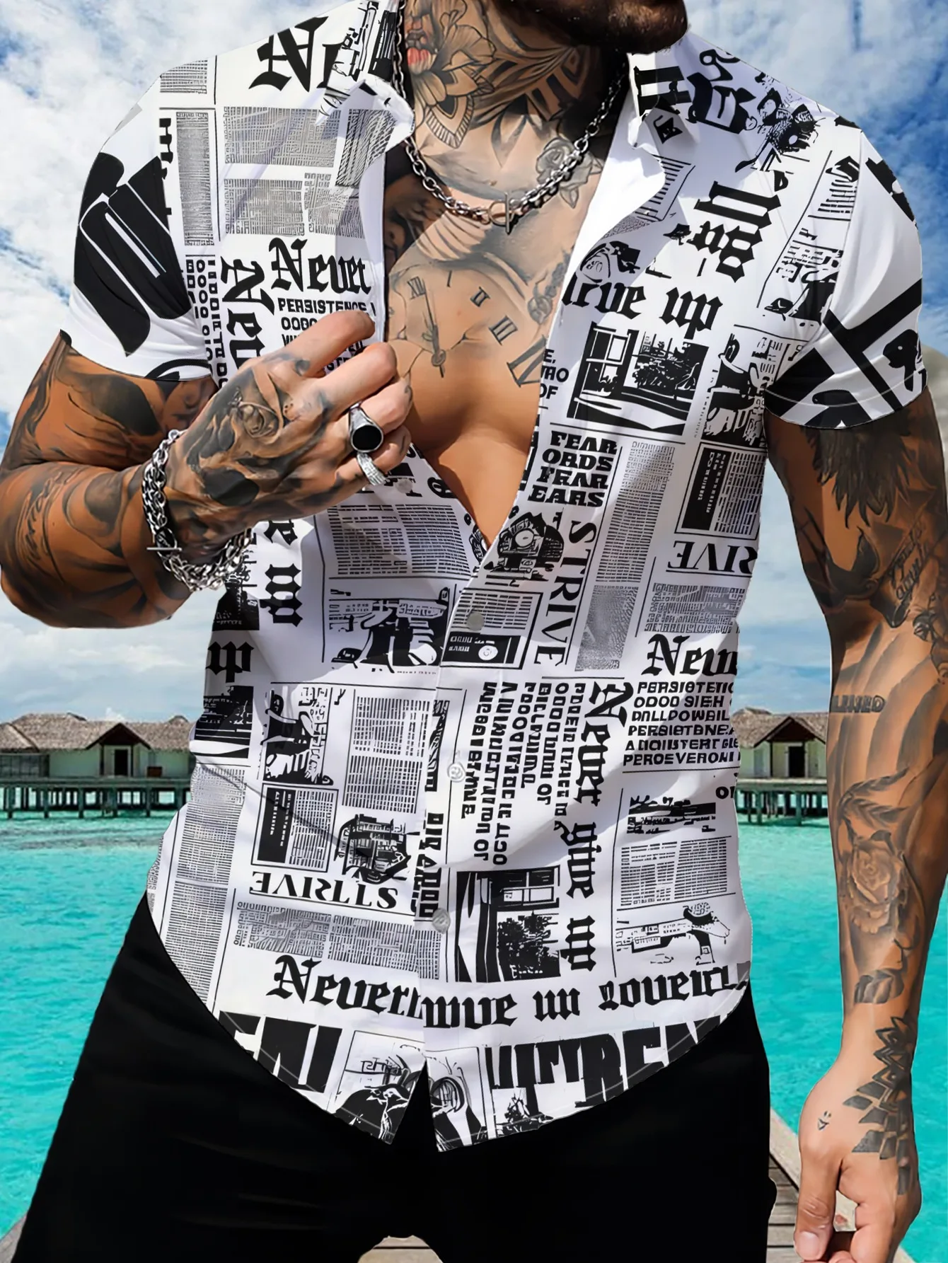 2026 Summer New Style Men's Short-Sleeved Shirt - 3D Newspaper Print - Street Casual Fashion - Comfortable and Soft