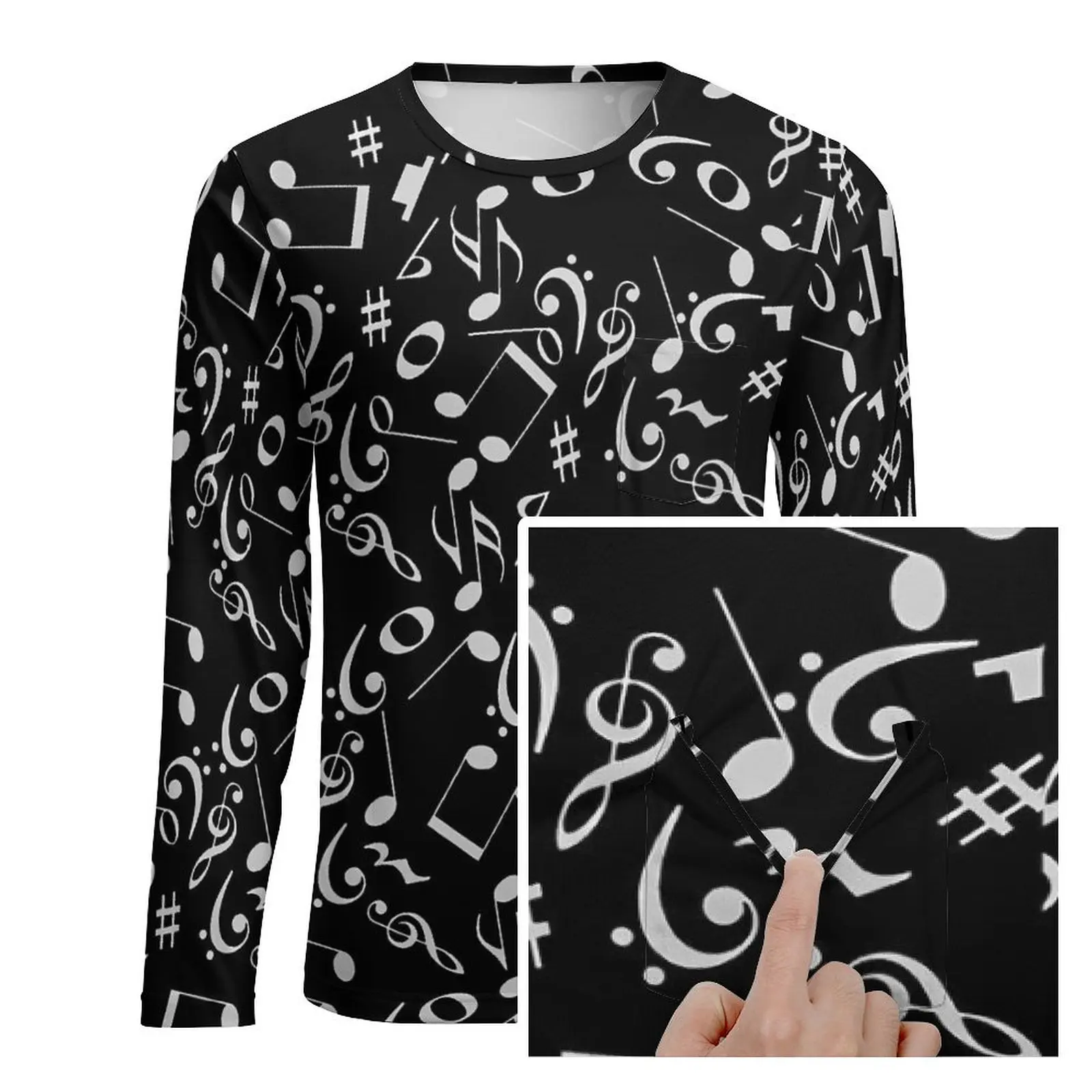 Music Note T Shirt White And Black Fashion T Shirts With Pocket Long Sleeve Graphic Tops Spring Basic Big Size Tees image 2