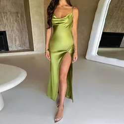 Women Sexy Backless Slim Fit Slit Suspender Dress Summer New Fashion Solid Colors Slip Dresses Sleeveless Long Skirts Party Wear