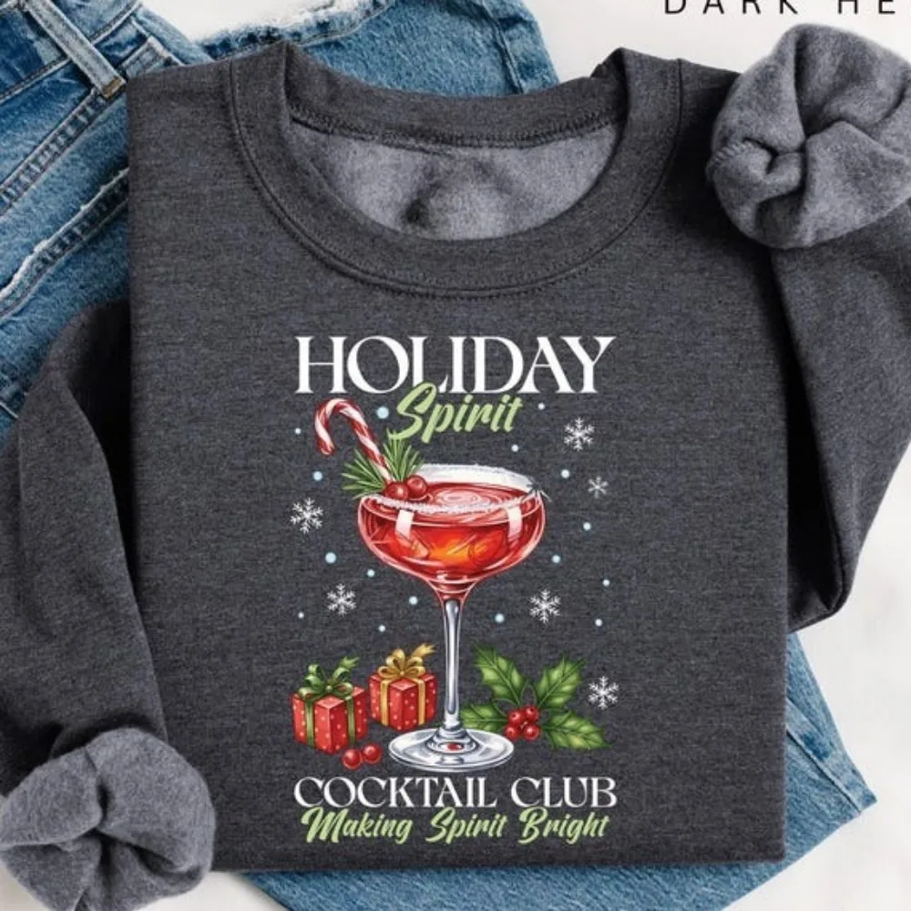 2025 Vintage Christmas Holiday Sweatshirts O-neck Sweatshirt Cocktails Club Women Sweater Bright Sweater for Christmas New Year